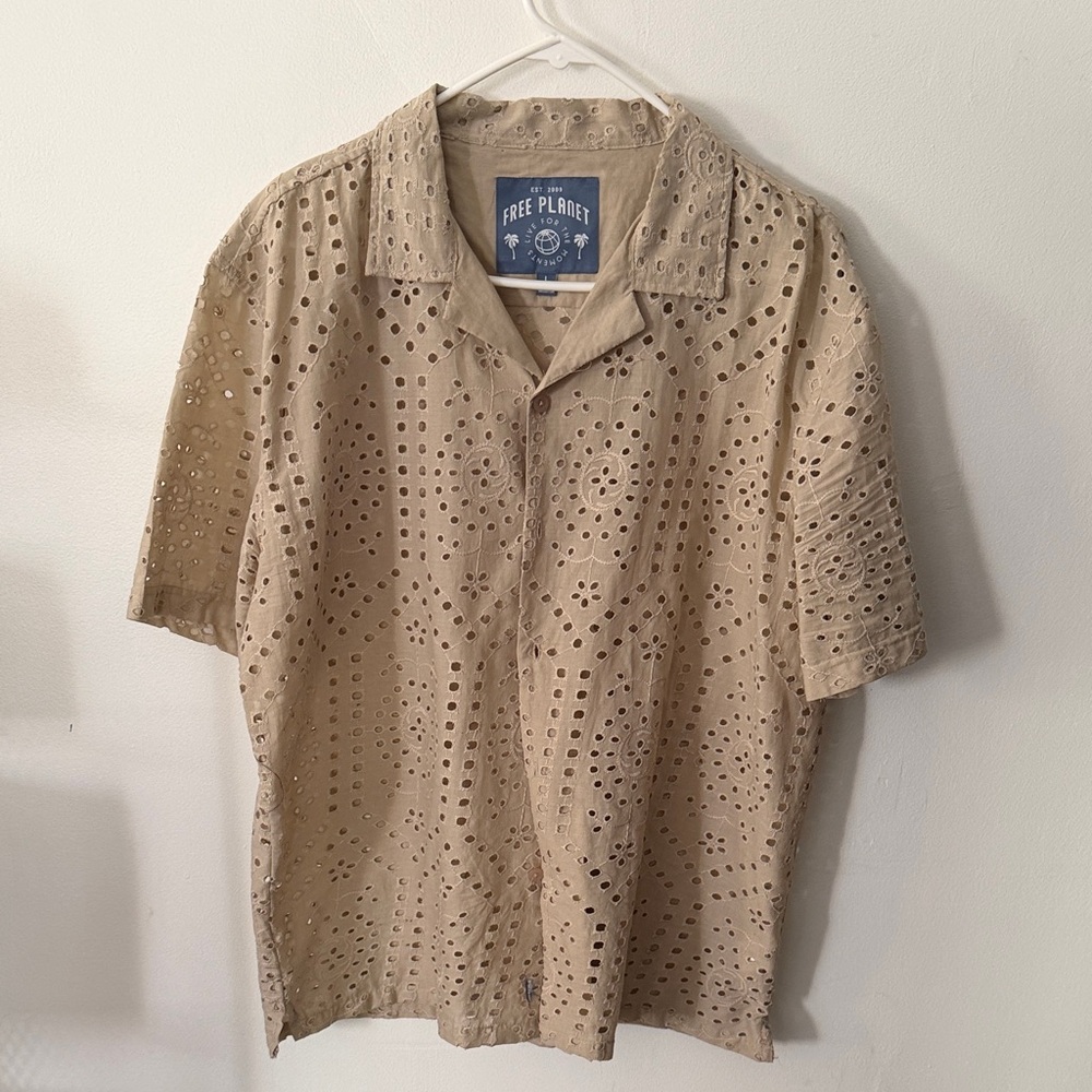 Free Planet Men's Beige Eyelet Button Down Shirt